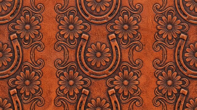 Brown leather texture with embossed floral and horseshoe pattern repeating design western style decoration