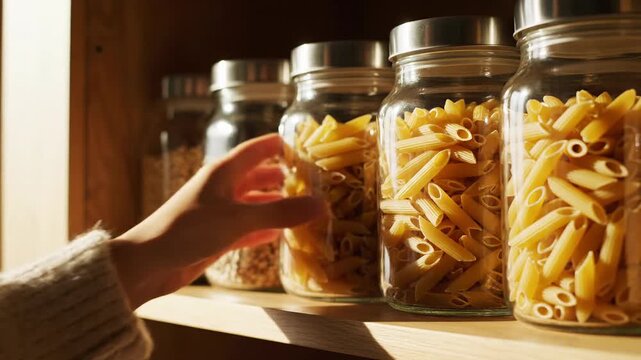 Hand reaching for pasta in glass jars on a pantry shelf, organized food storage.
