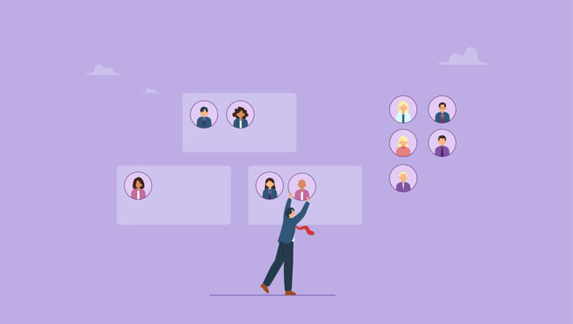 Businessman CEO reorganize employee role chart. Reorganization or reorg to adjust, allocate resources, change team structure for efficiency, restructure organization, department and job roles.