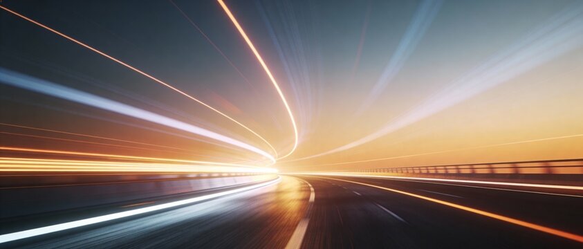 Speeding down the highway at dusk with light trails creating a sense of motion