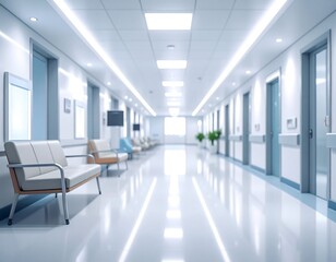 Obraz premium Modern, bright hospital hallway with chairs and doors