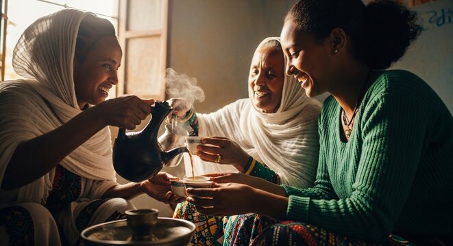 Ethiopian Women Pouring Traditional Coffee from Jebena in Home