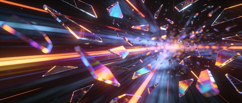 Abstract explosion of shattered glass fragments with colorful light streaks in motion