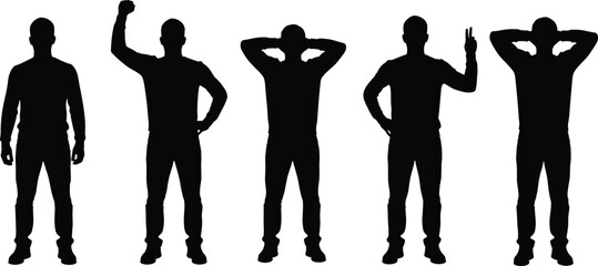 Set of male human silhouettes showing confident standing poses and expressive body language gestures, full body black figures isolated on white background for design concepts © Ayejoddin