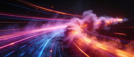 Abstract motion blur of vibrant neon light trails and smoke on a dark background