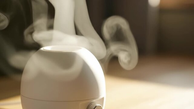 Hand turning knob on white essential oil diffuser releasing mist, close-up