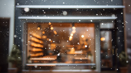 Cozy winter caf&eacute; exterior with snow gently falling and warm lights glowing through the windows. Peaceful and calm atmosphere on a cold winter evening, creating a welcoming and relaxing urban scene.