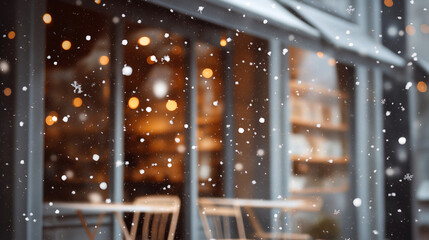 Cozy winter caf&eacute; exterior with snow gently falling and warm lights glowing through the windows. Peaceful and calm atmosphere on a cold winter evening, creating a welcoming and relaxing urban scene.