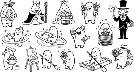 Cute whimsical cartoon characters performing various activities like painting, rowing, holding flowers and fruits in black and white line art