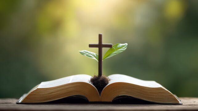 A Bible Open with a Cross and a Green Plant Growing Symbolizing Faith and Renewal in Nature