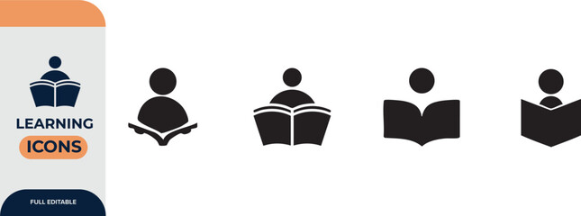 Reading or learning with a book icon for education apps and websites, Editable Icons set. Vector illustration in modern thin line style of school icons: school subjects, supplies, and online learning.
