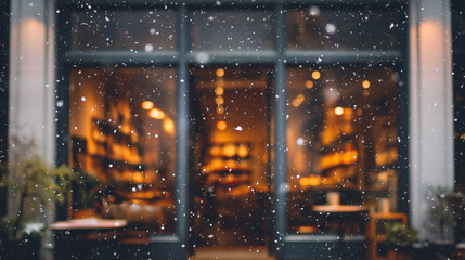 Cozy winter caf&eacute; exterior with snow gently falling and warm lights glowing through the windows. Peaceful and calm atmosphere on a cold winter evening, creating a welcoming and relaxing urban scene.