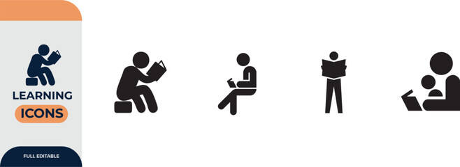 Reading or learning with a book icon for education apps and websites, Editable Icons set. Vector illustration in modern thin line style of school icons: school subjects, supplies, and online learning.