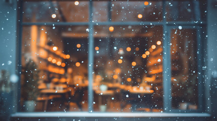 Cozy winter caf&eacute; exterior with snow gently falling and warm lights glowing through the windows. Peaceful and calm atmosphere on a cold winter evening, creating a welcoming and relaxing urban scene.