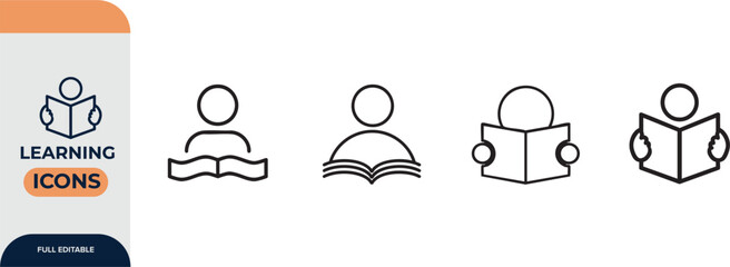Reading or learning with a book icon for education apps and websites, Editable Icons set. Vector illustration in modern thin line style of school icons: school subjects, supplies, and online learning.
