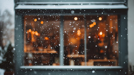 Cozy winter caf&eacute; exterior with snow gently falling and warm lights glowing through the windows. Peaceful and calm atmosphere on a cold winter evening, creating a welcoming and relaxing urban scene.