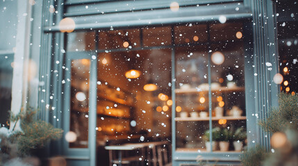 Cozy winter caf&eacute; exterior with snow gently falling and warm lights glowing through the windows. Peaceful and calm atmosphere on a cold winter evening, creating a welcoming and relaxing urban scene.