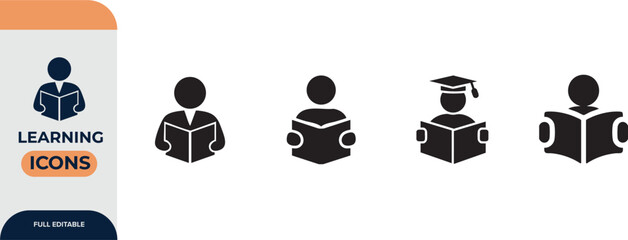 Reading or learning with a book icon for education apps and websites, Editable Icons set. Vector illustration in modern thin line style of school icons: school subjects, supplies, and online learning.