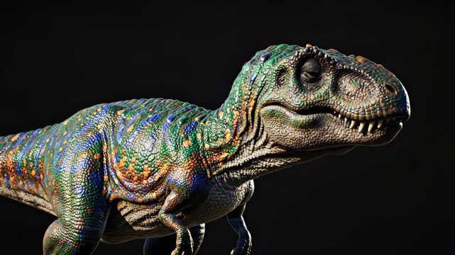 A colorful dinosaur rendered in a 3D style showcasing green blue and orange scales