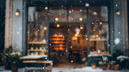 Cozy winter caf&eacute; exterior with snow gently falling and warm lights glowing through the windows. Peaceful and calm atmosphere on a cold winter evening, creating a welcoming and relaxing urban scene.