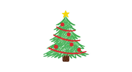 Fototapeta premium crayon christmas tree drawing with red ornaments and yellow star on white ideal for seasonal greetings and kids crafts.