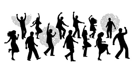 Obraz premium dancing silhouettes of diverse people celebrating with infectious energy enhanced by abstract sound wave patterns perfect for party and music events.