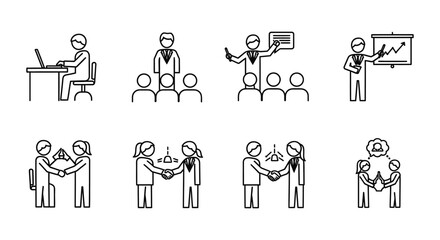 Fototapeta premium line art business icons showing professionals working presenting communicating and agreeing symbolizing corporate teamwork and workplace success.