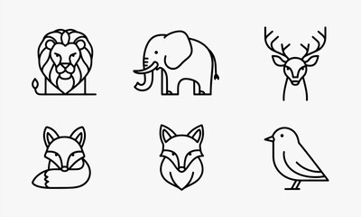 Fototapeta premium Minimalist Line Art Animal Icons Set - Lion, Elephant, Deer, Fox, and Bird.
