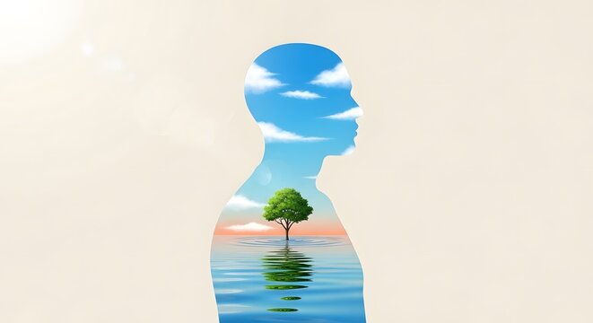 A profile silhouette of a person containing a peaceful green tree standing on calm water under a clear blue sky, symbolizing inner growth and mindfulness.