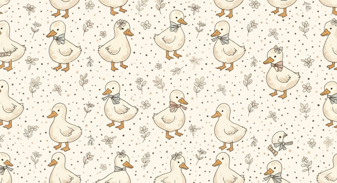 cute cartoon ducklings seamless pattern whimsical baby ducks with bows flowers and dots on a light background for spring.