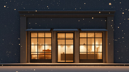 Cozy winter caf&eacute; exterior with snow gently falling and warm lights glowing through the windows. Peaceful and calm atmosphere on a cold winter evening, creating a welcoming and relaxing urban scene.