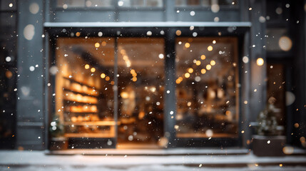 Cozy winter caf&eacute; exterior with snow gently falling and warm lights glowing through the windows. Peaceful and calm atmosphere on a cold winter evening, creating a welcoming and relaxing urban scene.