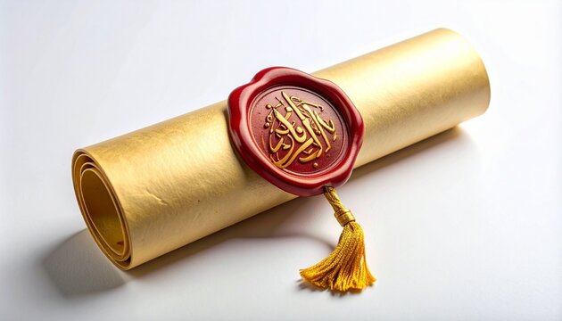 Golden scroll with red wax seal and Arabic calligraphy