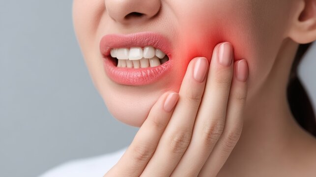 Woman Experiencing Dental Pain with Hand on Face and Red Indicator of Discomfort