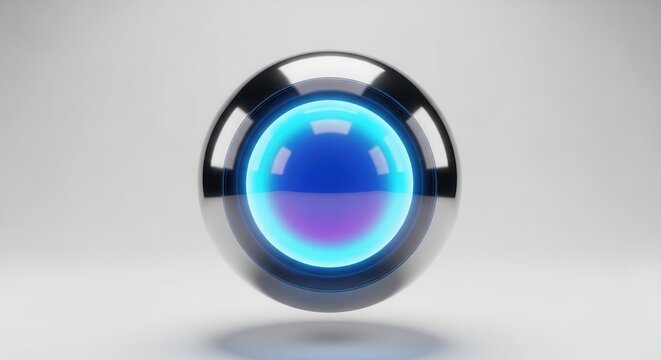 Sleek metallic sphere with a vibrant glowing blue and purple core on a pristine background