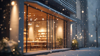 Cozy winter caf&eacute; exterior with snow gently falling and warm lights glowing through the windows. Peaceful and calm atmosphere on a cold winter evening, creating a welcoming and relaxing urban scene.