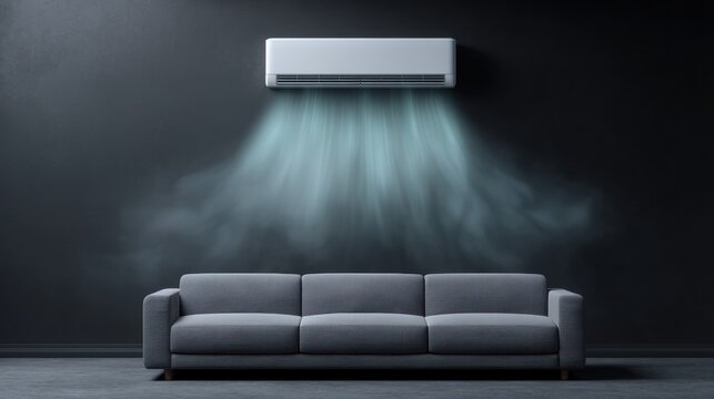 Modern Minimalist Living Room with Air Conditioning System and Cozy Gray Sofa in Contemporary Design