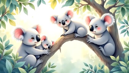 Fototapeta premium Adorable family of baby koalas cuddling together on a tree branch in a lush green forest