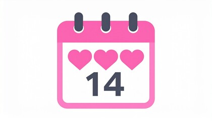 Pink calendar with hearts and number 14, romantic date icon