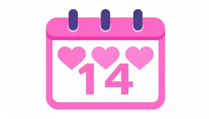 Pink calendar with hearts and number 14, flat design