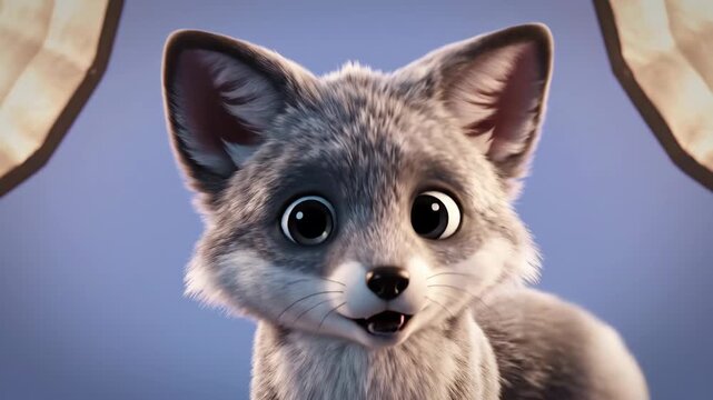 A digitally rendered foxlike creature with large round eyes and gray fur set against a muted blue background