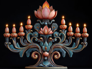 Ornate Menorah with Brightly Burning Candles in a Warm Glow