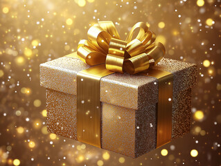 Holiday-Themed Gift Box with Gleaming Gold Ribbon and Festive Flair
