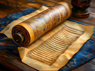 A Purim Scroll Unrolled Slightly on a Table with Rich Texture