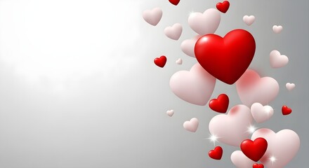A beautiful display of floating red and pink hearts on a soft grey background, symbolizing love and celebration