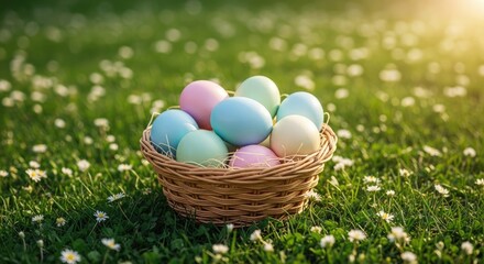 Obraz premium Easter sunday celebration with colorful eggs in a woven basket on a floral lawn