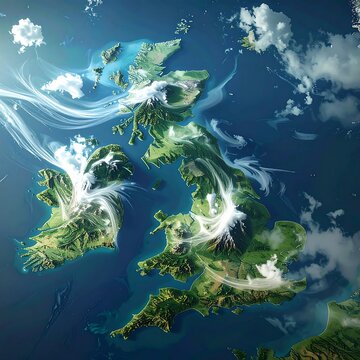 A fantasy map of the British Isles with magical swirling winds