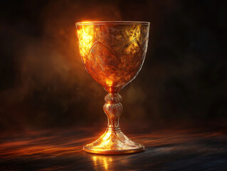 A Glowing Golden Goblet Positioned on a Dark Wooden Table