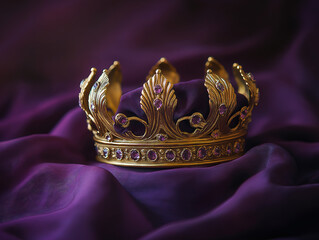 A Golden Crown Resting Elegantly on Purple Velvet Cloth