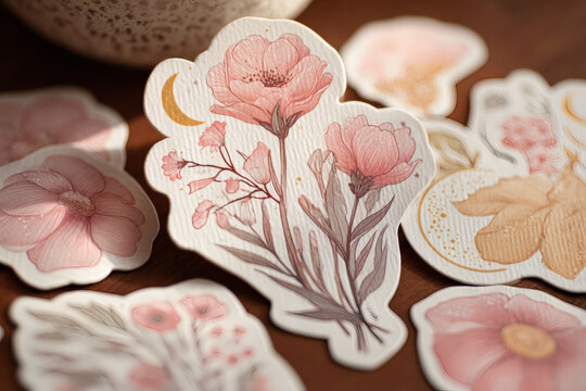 A close up photograph of pink rose sticker on old wooden table